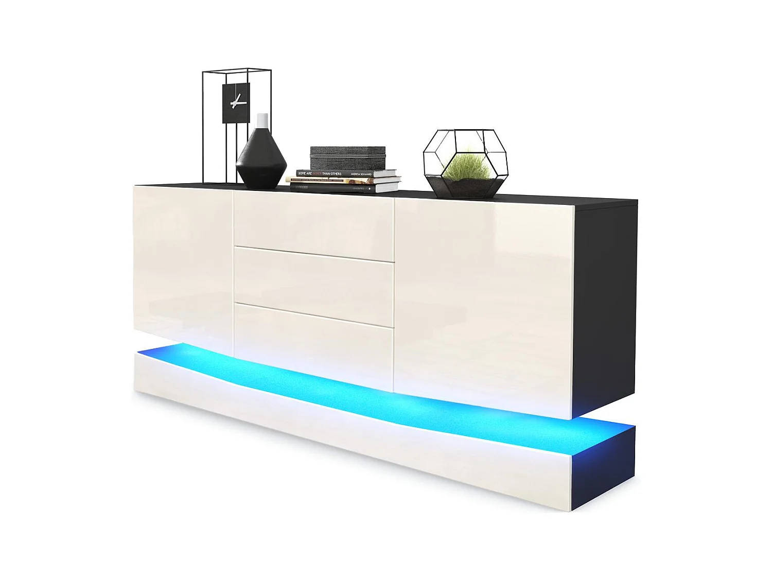 Sideboard City, noir mat/crème haute brillance y compris LED - Commode moderne pour votre salon (178 x 72 x 38 cm)
