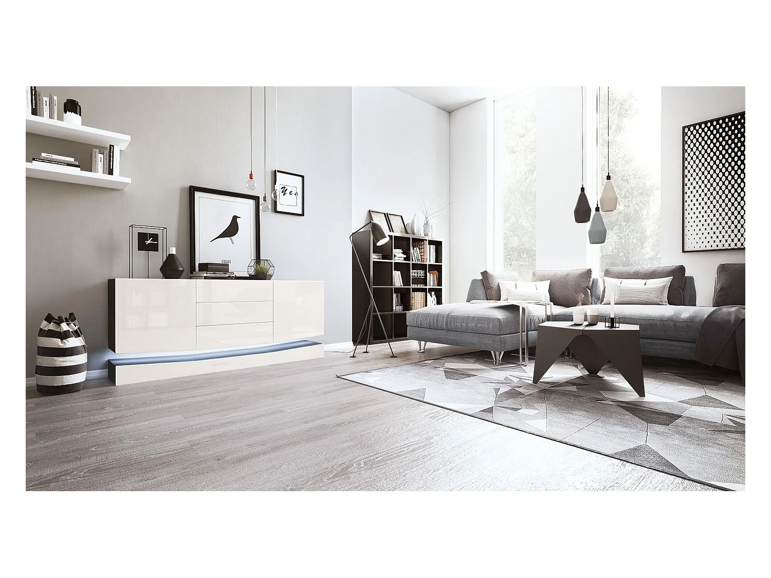 Sideboard City, noir mat/crème haute brillance y compris LED - Commode moderne pour votre salon (178 x 72 x 38 cm)