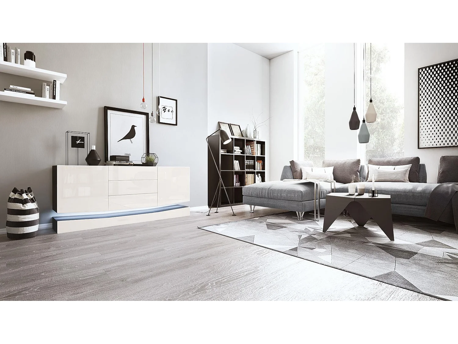 Vladon Sideboard City, nero opaco/beige lucido incl. LED - Cassettiera moderna per la zona giorno (178 x 72 x 38 cm)