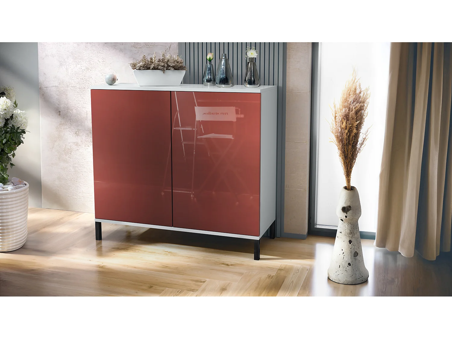 Commode Skadu V3, Buffet de Cuisine Moderne avec 2 Grandes Portes blanc mat / bordeaux haute brillance (92,5 x 83.5 x 35)