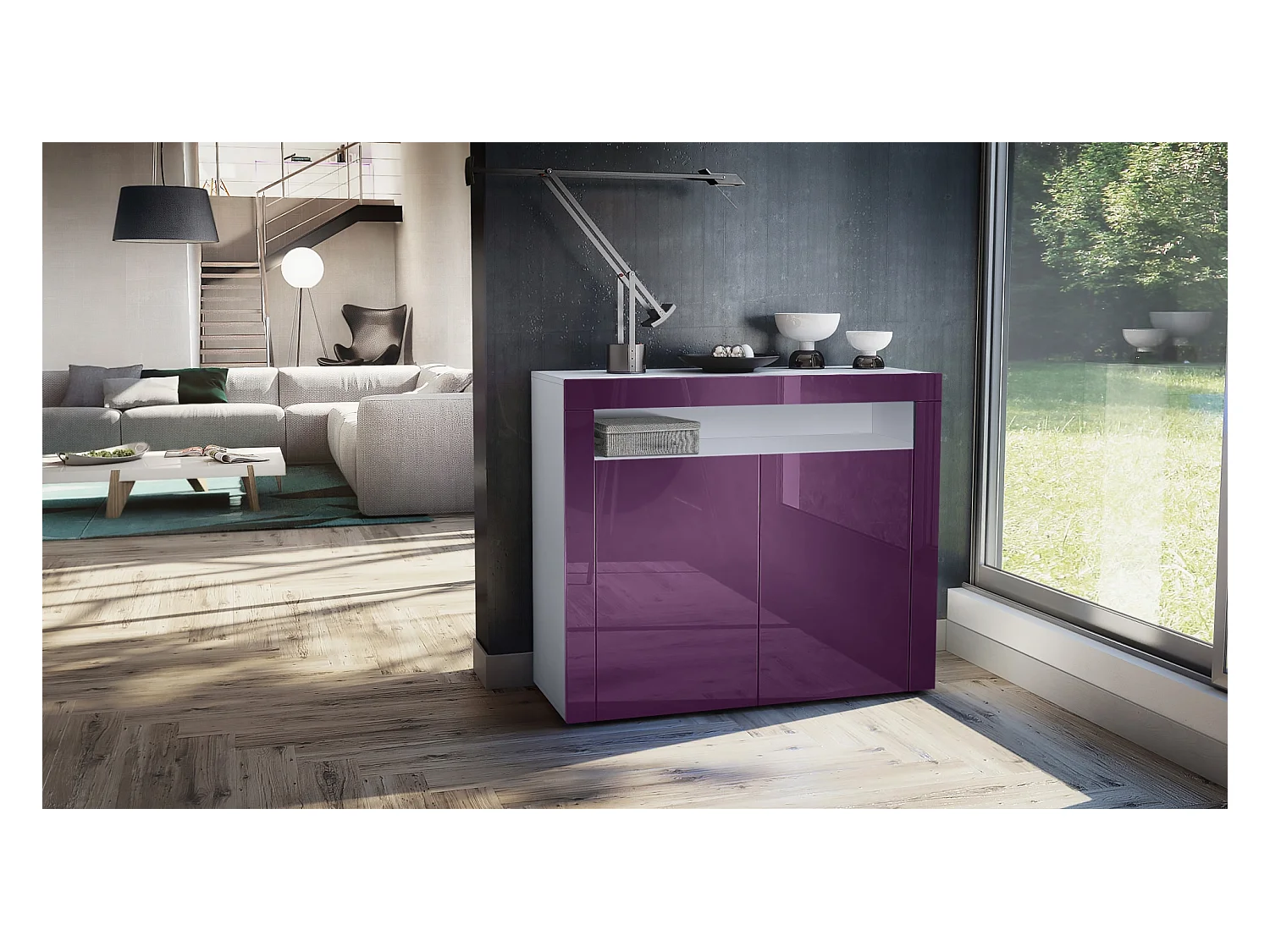 Vladon Cómoda Valencia, Cajonera con 2 Puertas y 1 Compartimento abierto, Blanco mate/zarzamora de alto brillo/zarzamora de alto brillo (108 x 92 x 40 cm)