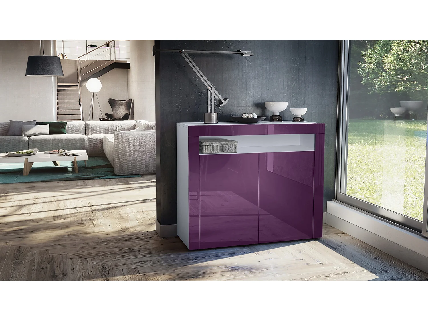 Buffet Valencia, Commode avec 2 portes et 1 compartiment ouvert, Blanc mat/mûre haute brillance/mûre haute brillance (108 x 92 x 40 cm)