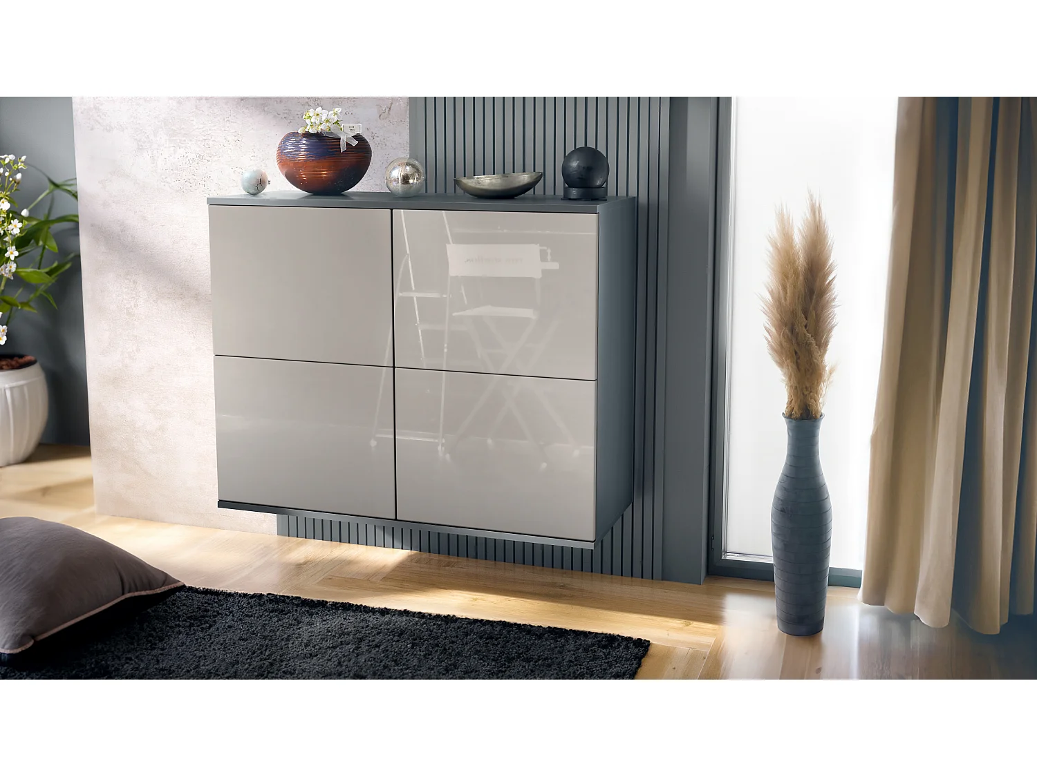 Buffet Rova V3 – Meuble de cuisine moderne avec 4 portes Push-to-Open anthracite mat / gris sable haute brillance (92,5 x 73.5 x 35)