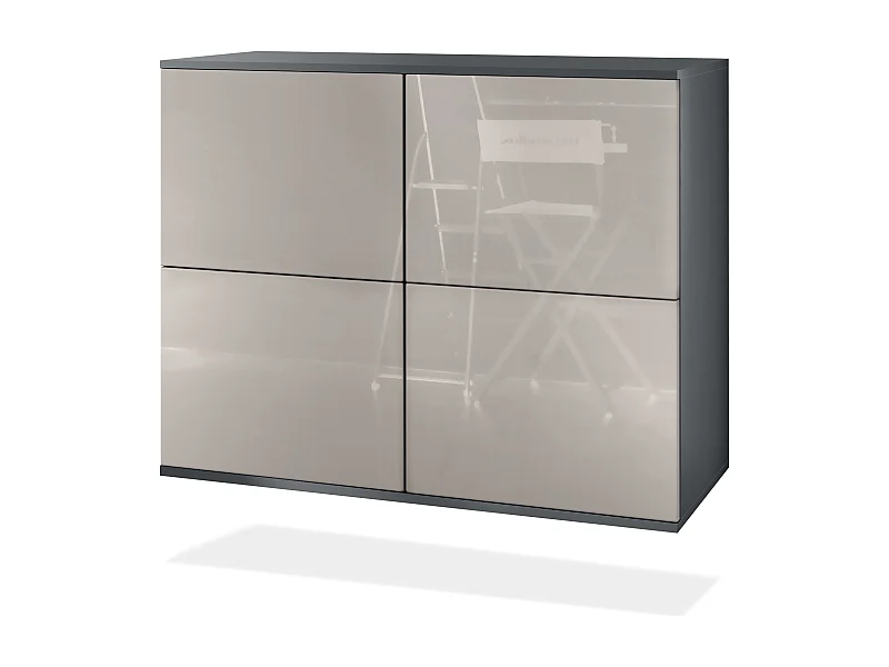 Credenza Rova V3 – Mobile da cucina moderno con 4 ante Push-to-Open antracite opaco  / grigio sabbia lucido (92,5 x 73.5 x 35)