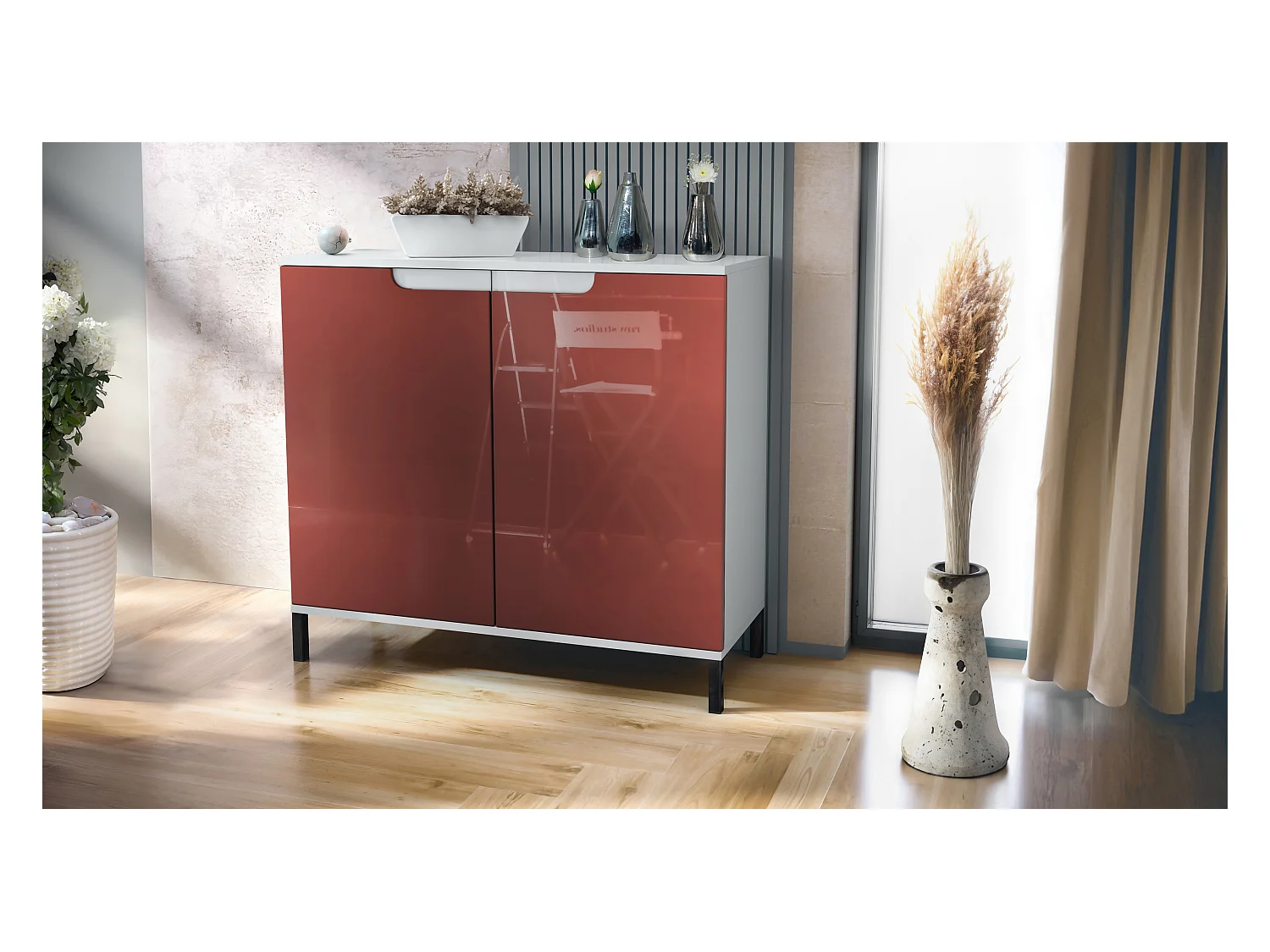 Commode Sylt V3, Buffet de Cuisine Moderne avec 2 Grandes Portes blanc mat / bordeaux haute brillance (92,5 x 83.5 x 35)