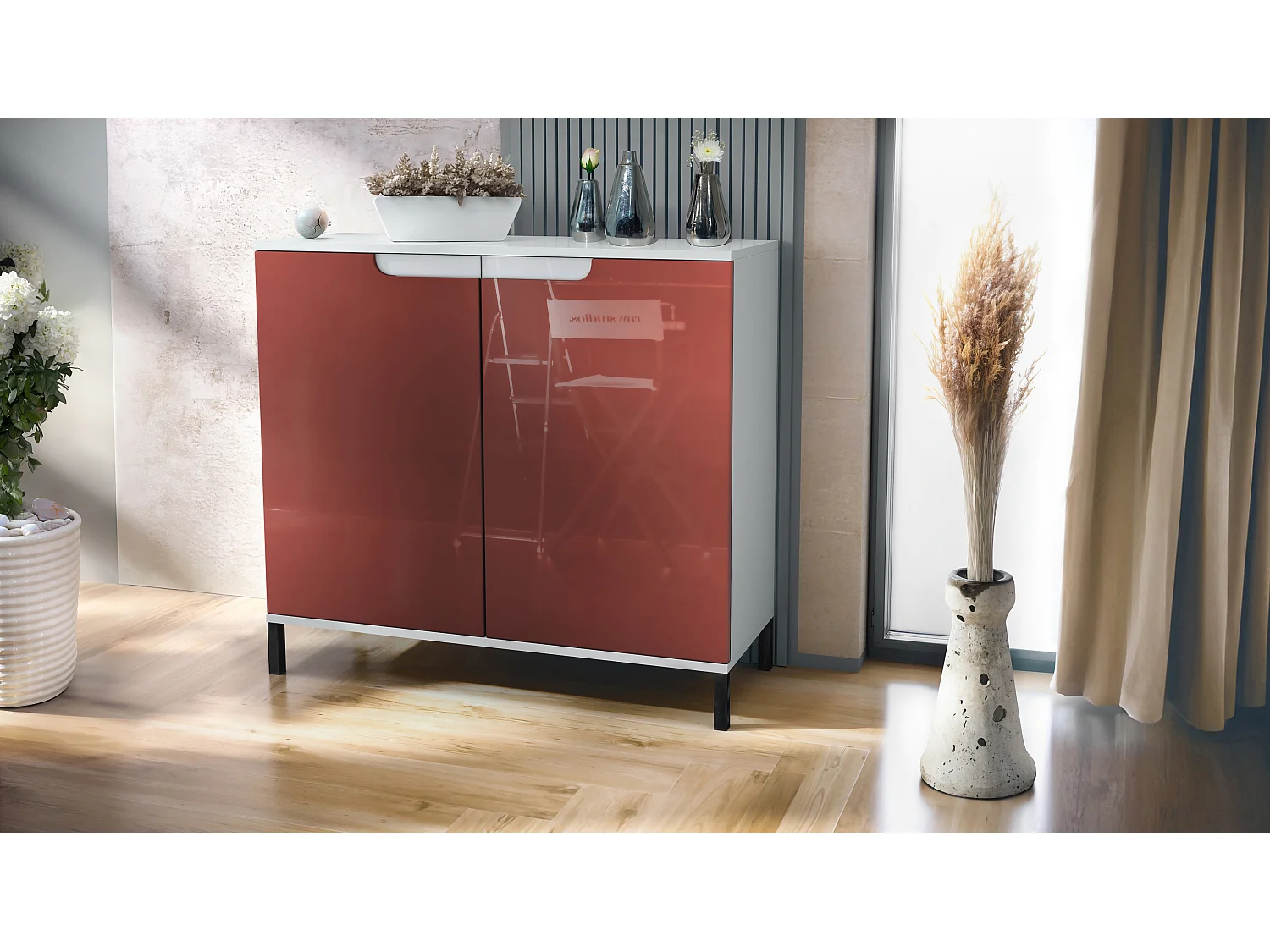 Credenza Sylt V3, Mobile da Cucina Moderno con 2 Grandi Ante bianco opaco / bordeaux lucido (92,5 x 83.5 x 35)