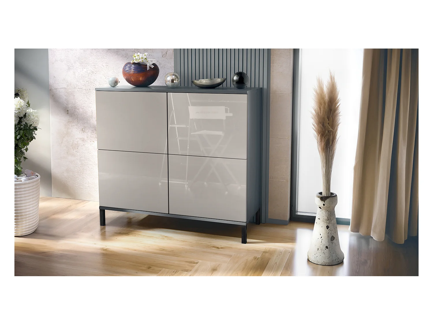 Buffet Rova V3 – Meuble de cuisine moderne avec 4 portes Push-to-Open anthracite mat / gris sable haute brillance (92,5 x 83.5 x 35)
