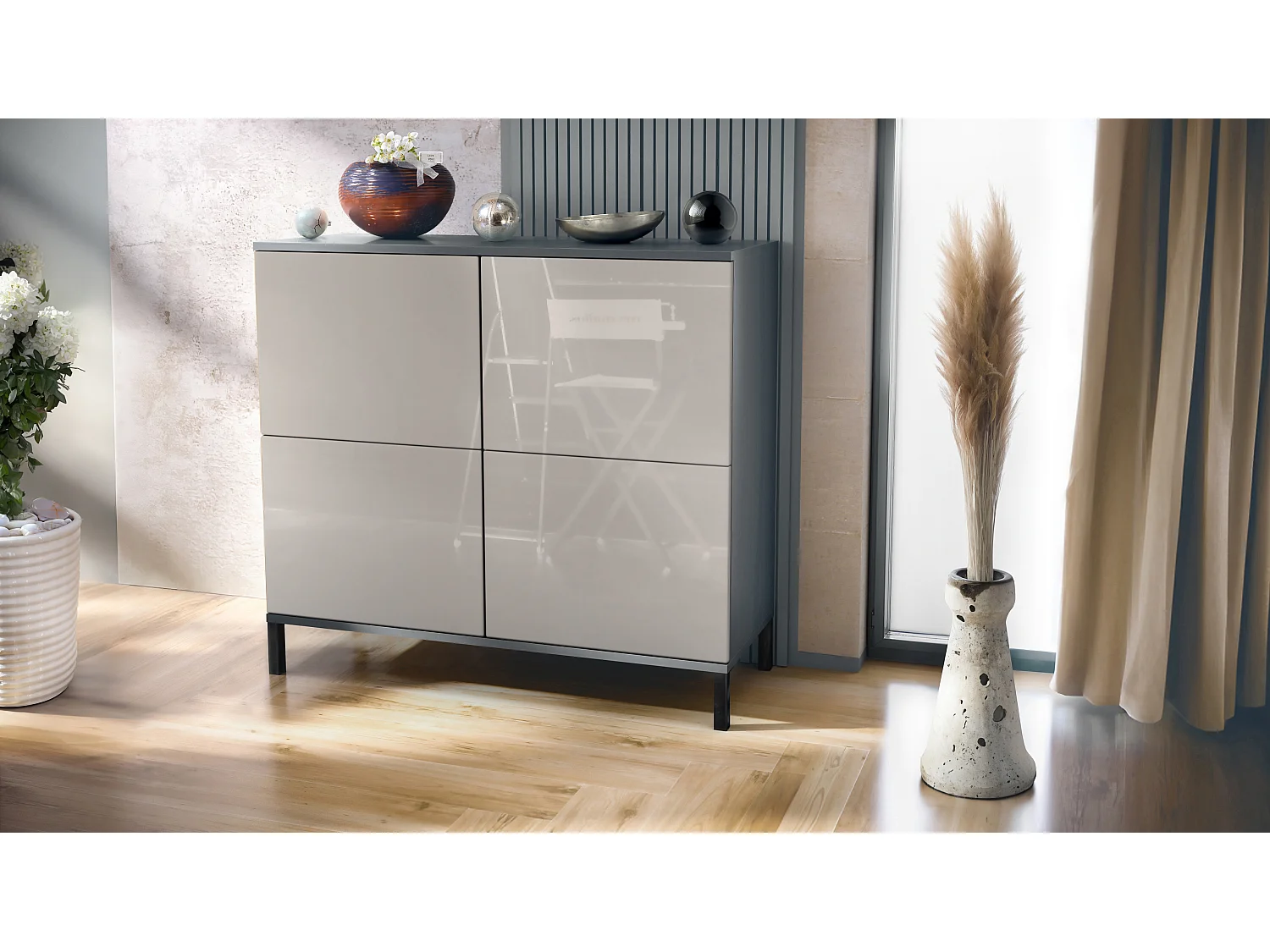 Credenza Rova V3 – Mobile da cucina moderno con 4 ante Push-to-Open antracite opaco  / grigio sabbia lucido (92,5 x 83.5 x 35)