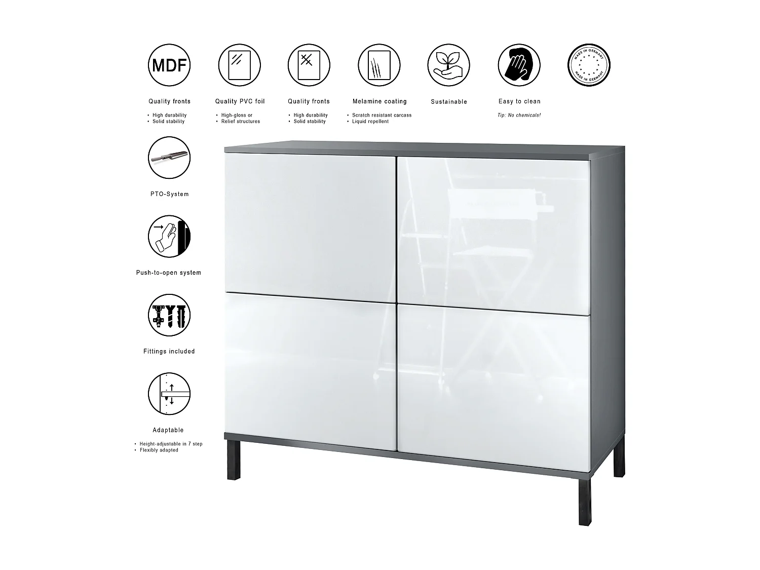 Credenza Rova V3 – Mobile da cucina moderno con 4 ante Push-to-Open antracite opaco  / grigio sabbia lucido (92,5 x 83.5 x 35)