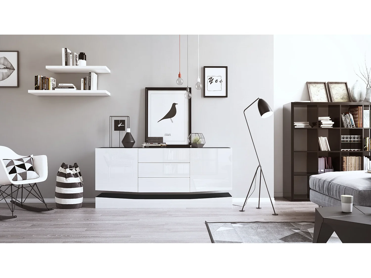 Vladon Sideboard City, nero opaco/bianco lucido - Cassettiera moderna per la zona giorno (178 x 72 x 38 cm)