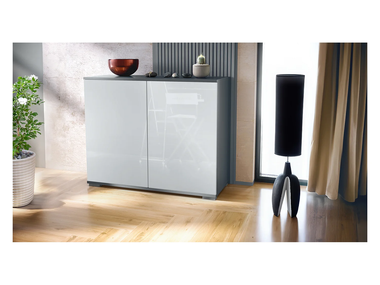 Commode Skadu V3, Buffet de Cuisine Moderne avec 2 Grandes Portes anthracite mat / blanc haute brillance (92,5 x 75.5 x 35)