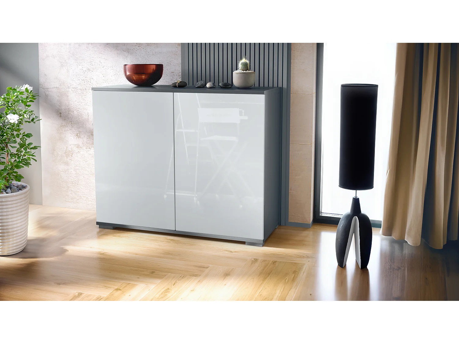 Aparador Skadu V3, Armario de Cocina Moderno con 2 Puertas Grandes antracita mate / blanco de alto brillo (92,5 x 75.5 x 35)