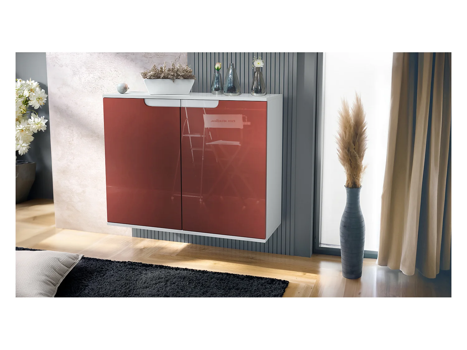 Commode Sylt V3, Buffet de Cuisine Moderne avec 2 Grandes Portes blanc mat / bordeaux haute brillance (92,5 x 73.5 x 35)