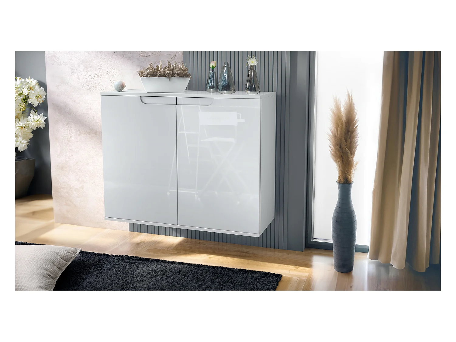 Commode Sylt V3, Buffet de Cuisine Moderne avec 2 Grandes Portes blanc mat / blanc haute brillance (92,5 x 73.5 x 35)