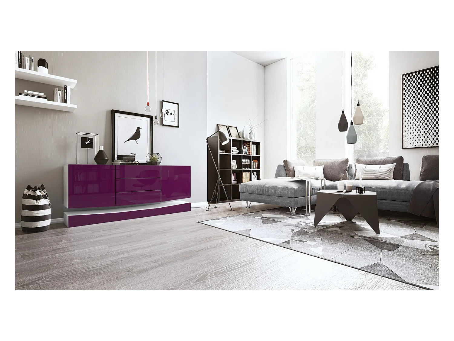 Sideboard City, blanc mat/mûre haute brillance - Commode moderne pour votre salon (178 x 72 x 38 cm)