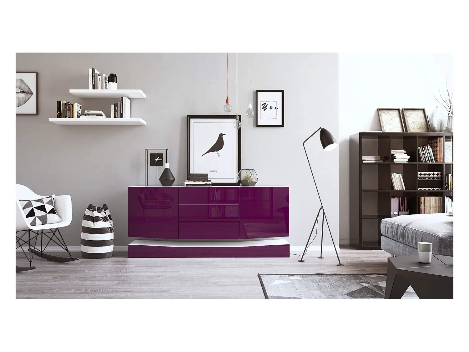 Sideboard City, blanc mat/mûre haute brillance - Commode moderne pour votre salon (178 x 72 x 38 cm)