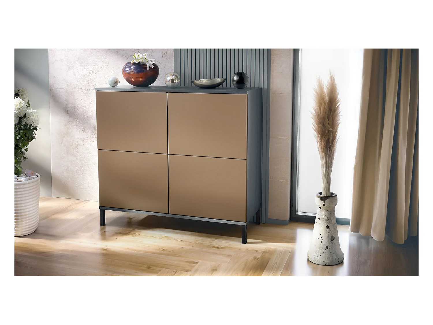 Buffet Rova V3 – Meuble de cuisine moderne avec 4 portes Push-to-Open anthracite mat / aspect bronzé (92,5 x 83.5 x 35)