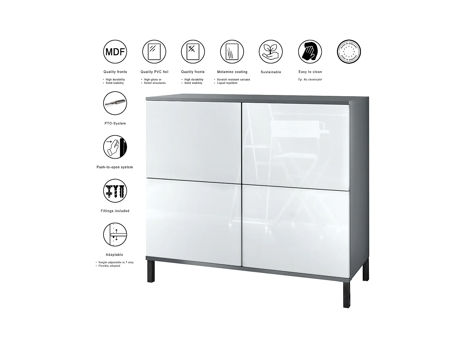 Buffet Rova V3 – Meuble de cuisine moderne avec 4 portes Push-to-Open anthracite mat / aspect bronzé (92,5 x 83.5 x 35)