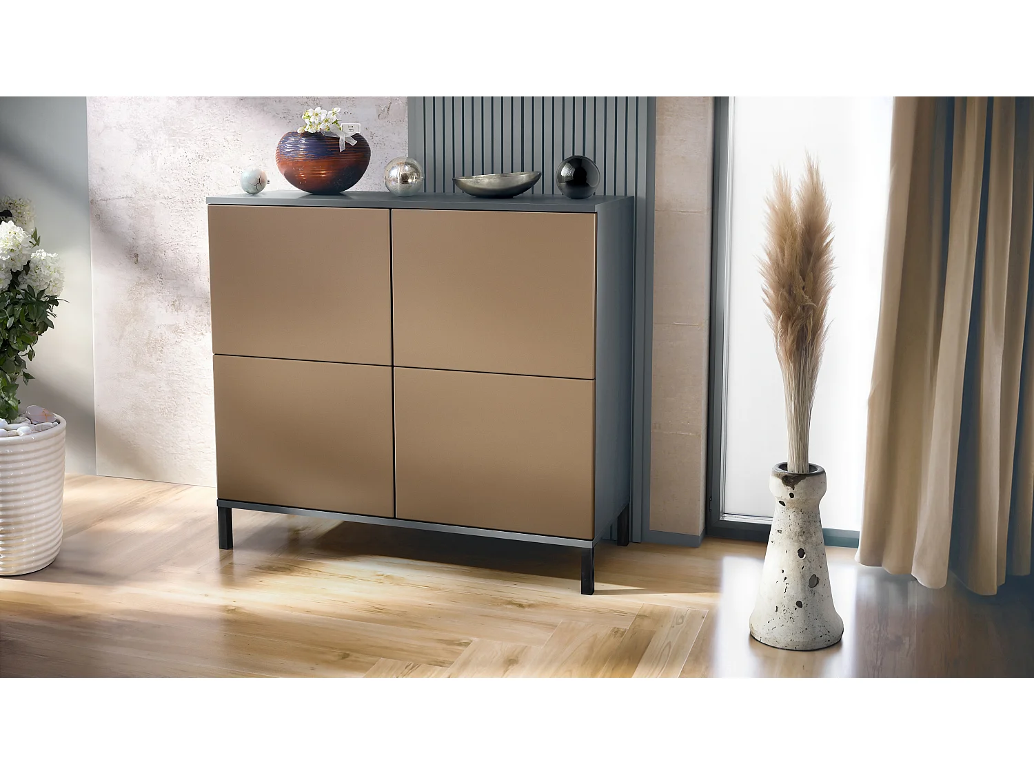 Buffet Rova V3 – Meuble de cuisine moderne avec 4 portes Push-to-Open anthracite mat / aspect bronzé (92,5 x 83.5 x 35)