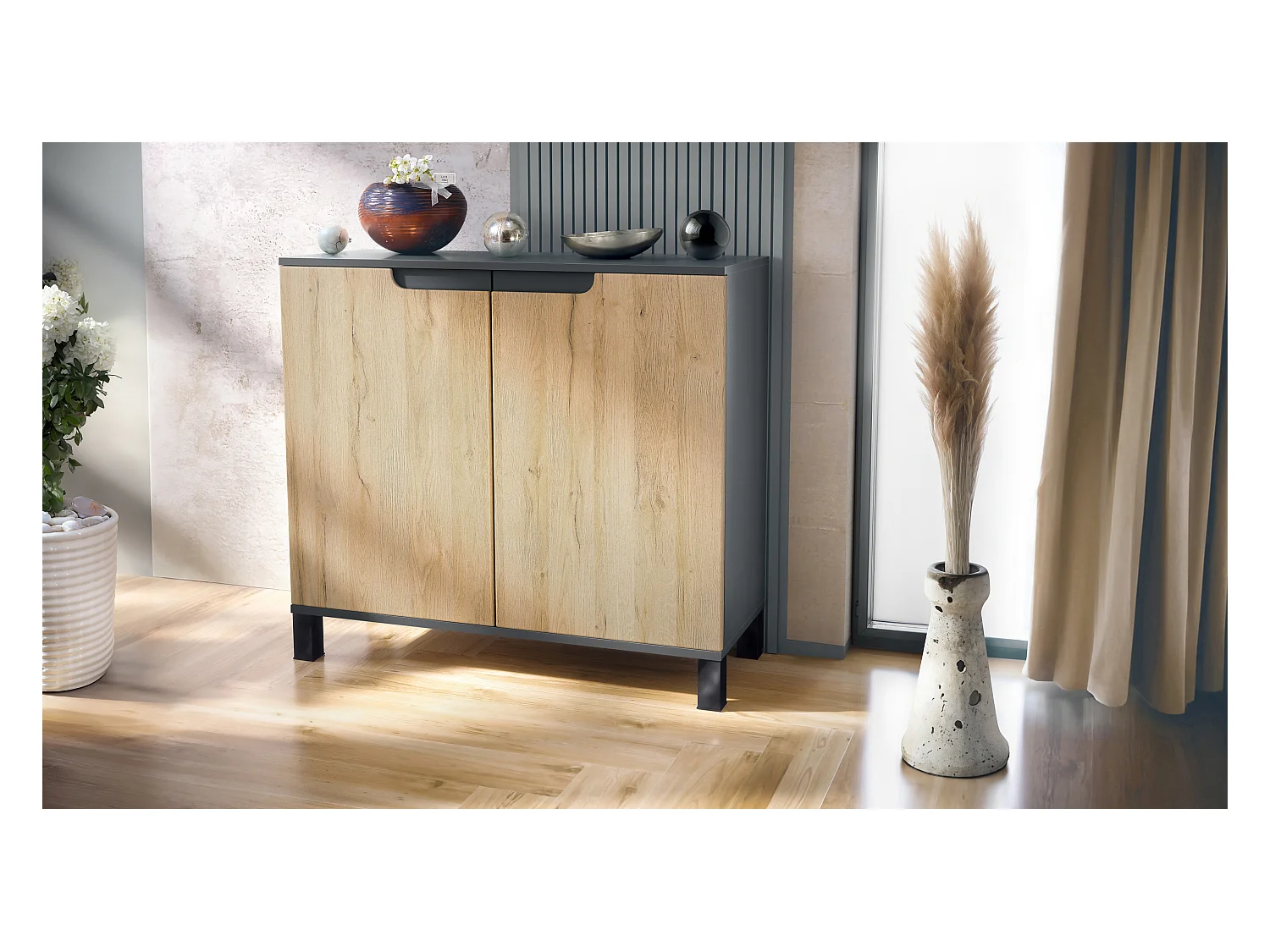 Commode Sylt V3, Buffet de Cuisine Moderne avec 2 Grandes Portes anthracite mat / chêne nature (92,5 x 84.5 x 35)