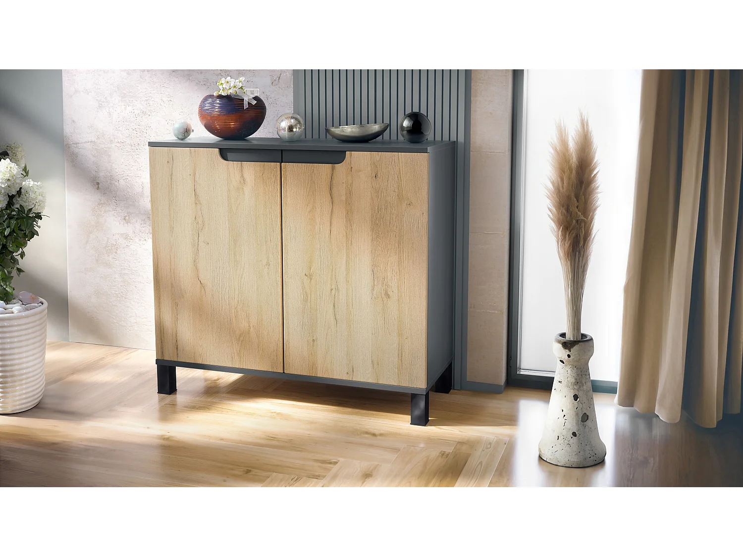 Aparador Sylt V3, Armario de Cocina Moderno con 2 Puertas Grandes antracita mate / roble natural (92,5 x 84.5 x 35)