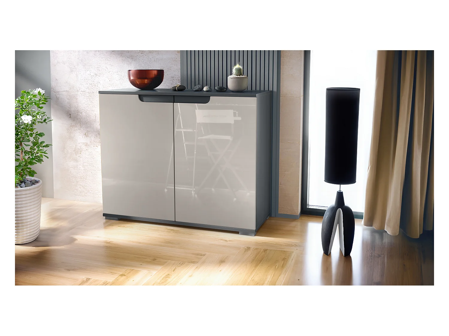 Commode Sylt V3, Buffet de Cuisine Moderne avec 2 Grandes Portes anthracite mat / gris sable haute brillance (92,5 x 75.5 x 35)