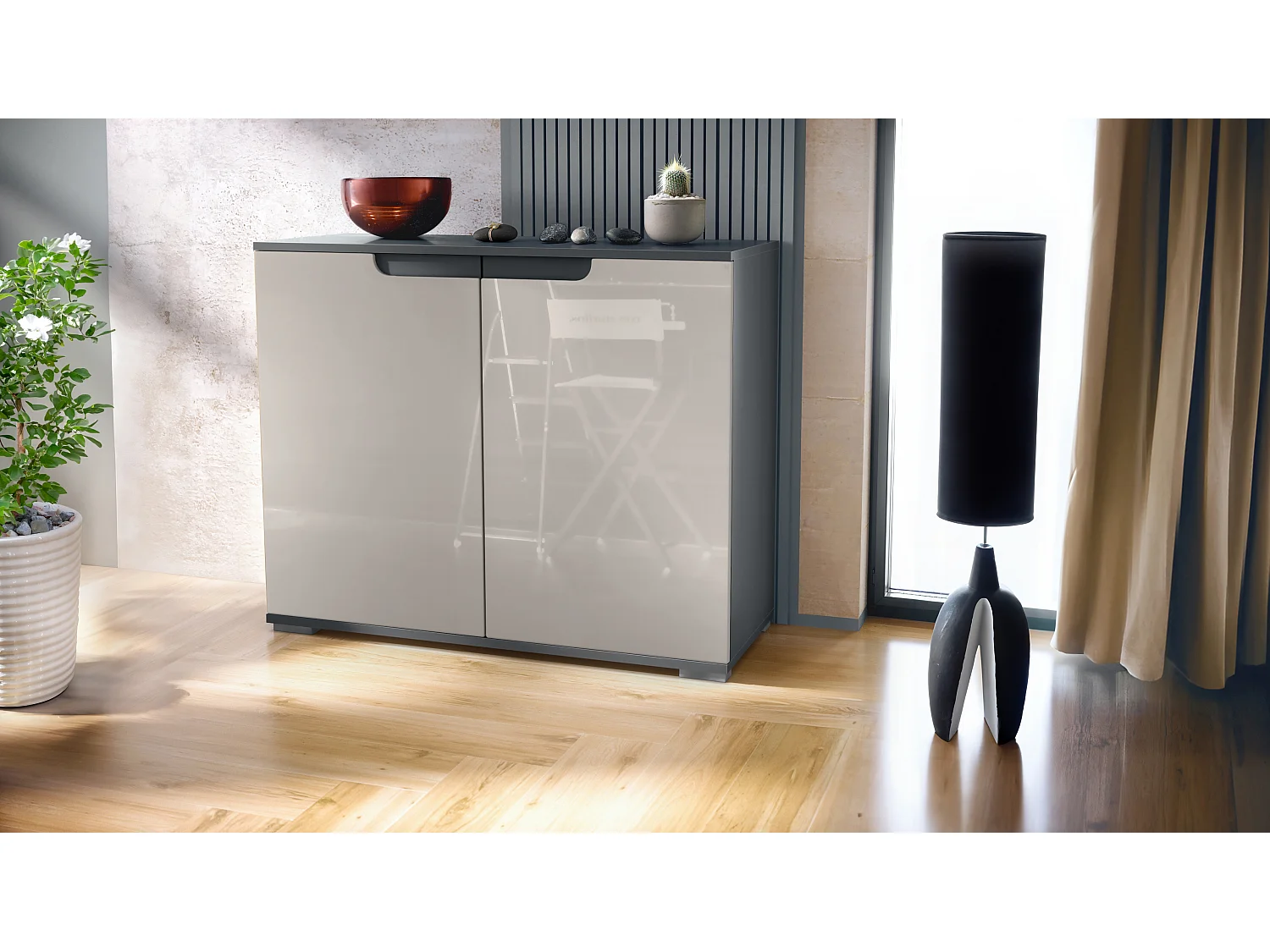 Commode Sylt V3, Buffet de Cuisine Moderne avec 2 Grandes Portes anthracite mat / gris sable haute brillance (92,5 x 75.5 x 35)