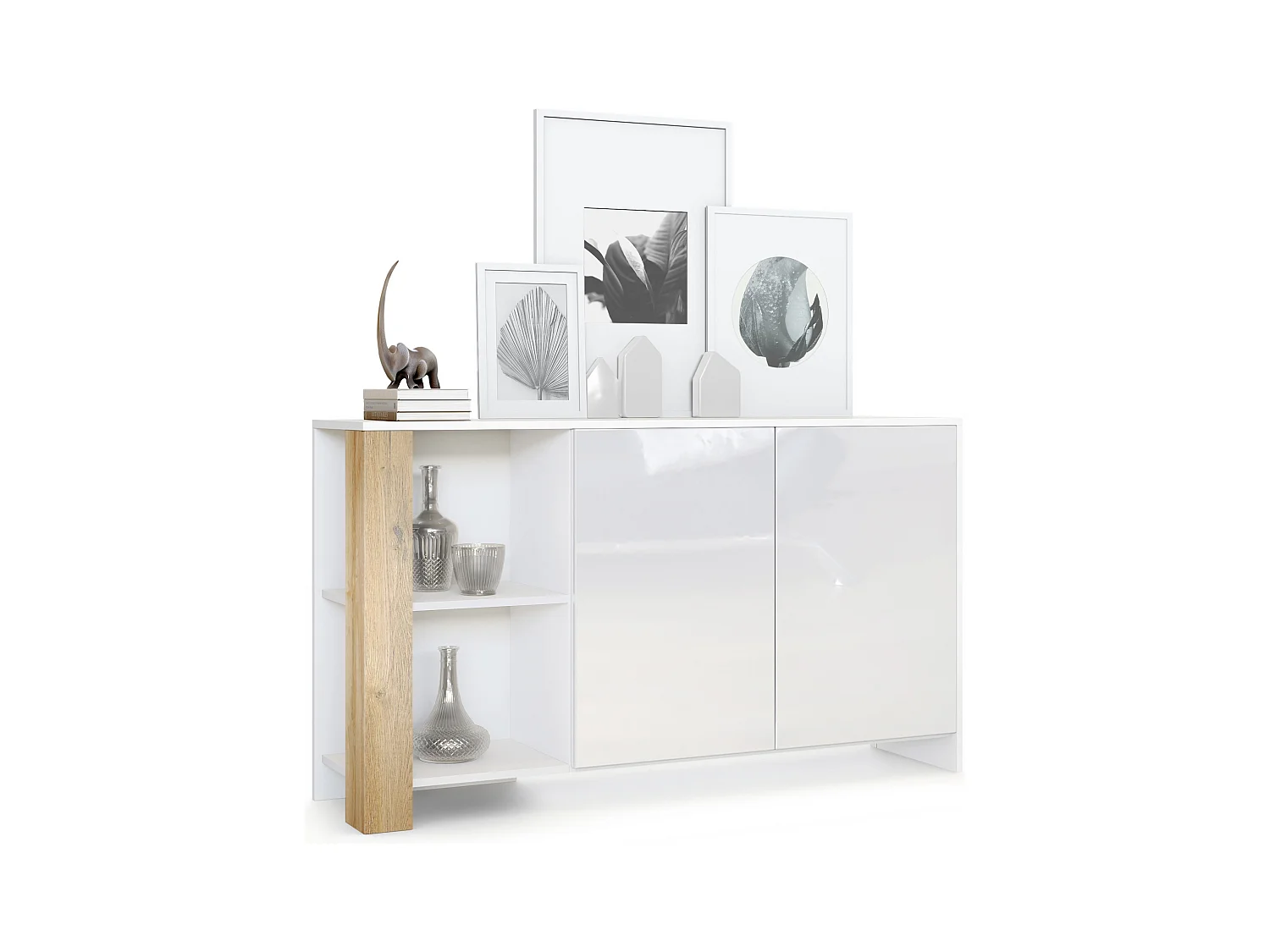 Buffet Canto, long bahut avec 2 portes et 6 compartiments, corps blanc mat, façades blanc brillant, panneaux décoratifs chêne nature (143 x 81 x 36 cm)