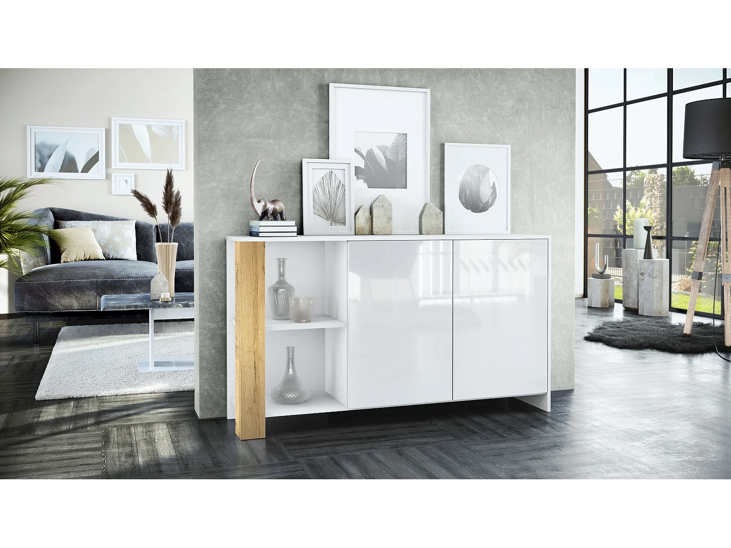 Buffet Canto, long bahut avec 2 portes et 6 compartiments, corps blanc mat, façades blanc brillant, panneaux décoratifs chêne nature (143 x 81 x 36 cm)
