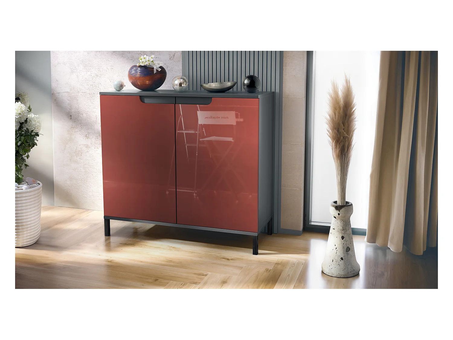 Commode Sylt V3, Buffet de Cuisine Moderne avec 2 Grandes Portes anthracite mat / bordeaux haute brillance (92,5 x 83.5 x 35)