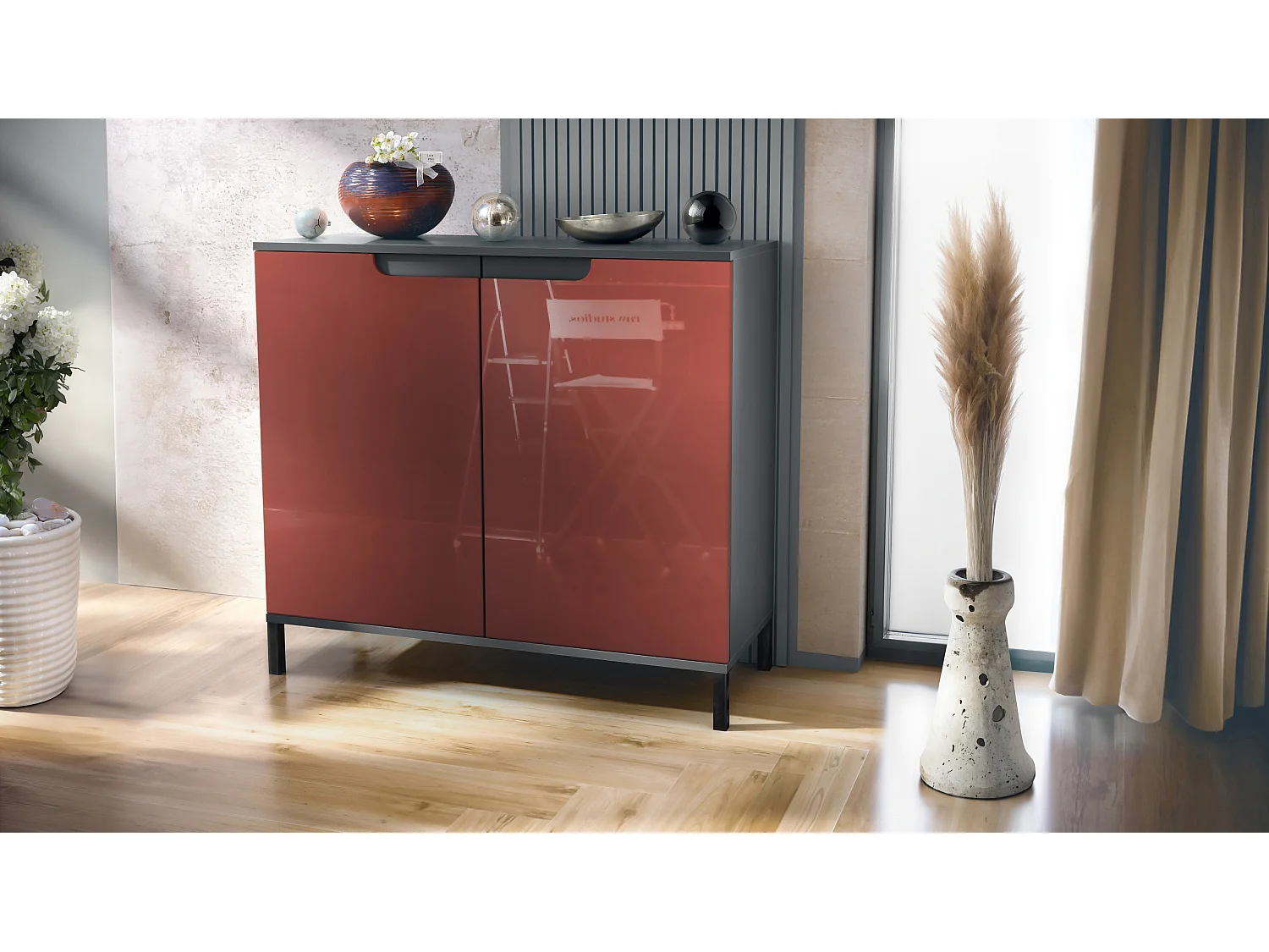 Commode Sylt V3, Buffet de Cuisine Moderne avec 2 Grandes Portes anthracite mat / bordeaux haute brillance (92,5 x 83.5 x 35)