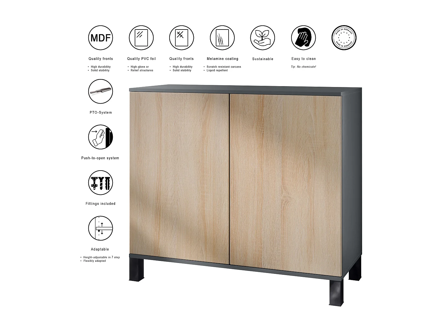Aparador Skadu V3, Armario de Cocina Moderno con 2 Puertas Grandes antracita mate / roble natural (92,5 x 84.5 x 35)