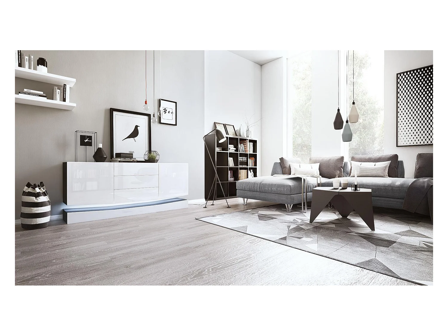 Sideboard City, noir mat/blanc haute brillance y compris LED - Commode moderne pour votre salon (178 x 72 x 38 cm)