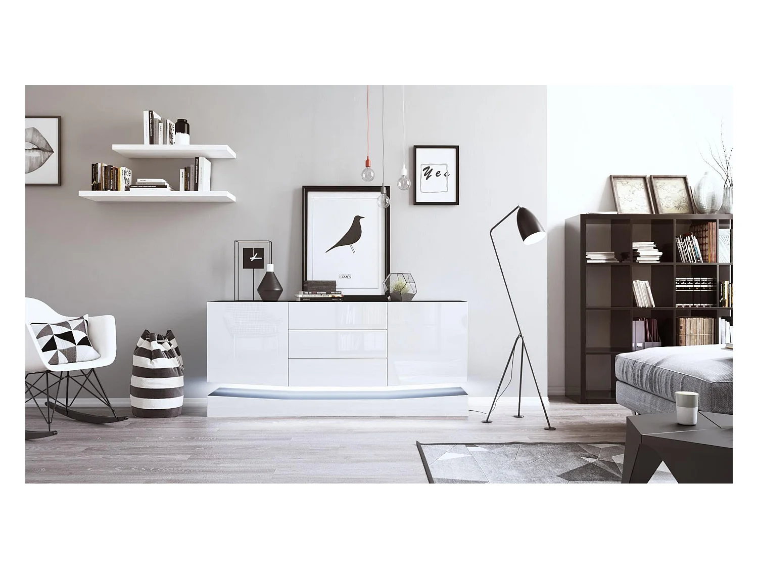 Sideboard City, noir mat/blanc haute brillance y compris LED - Commode moderne pour votre salon (178 x 72 x 38 cm)