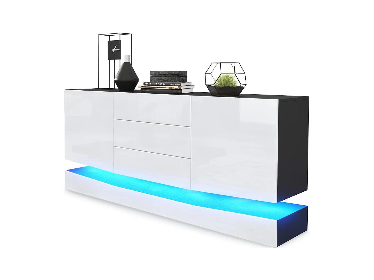 Sideboard City, noir mat/blanc haute brillance y compris LED - Commode moderne pour votre salon (178 x 72 x 38 cm)