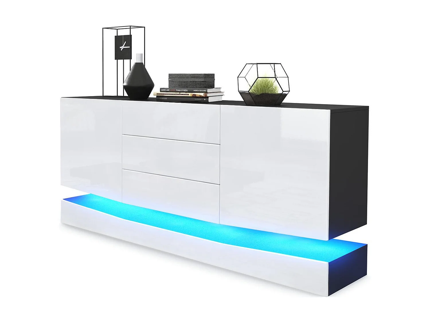 Vladon Sideboard City, nero opaco/bianco lucido incl. LED - Cassettiera moderna per la zona giorno (178 x 72 x 38 cm)