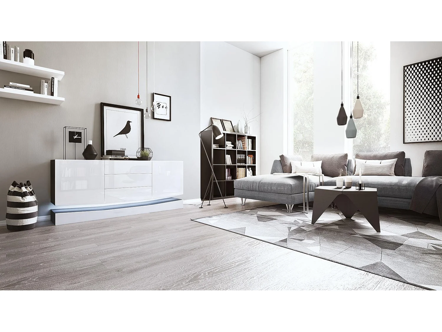 Vladon Sideboard City, nero opaco/bianco lucido incl. LED - Cassettiera moderna per la zona giorno (178 x 72 x 38 cm)