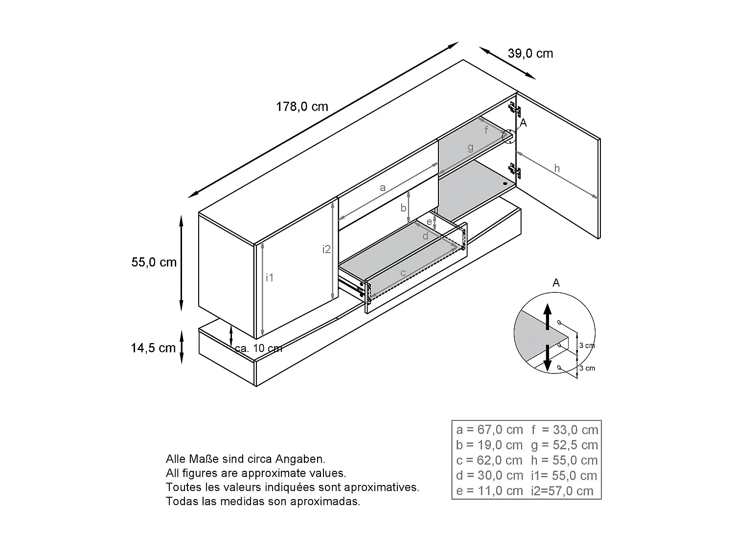 Vladon Sideboard City, nero opaco/bianco lucido incl. LED - Cassettiera moderna per la zona giorno (178 x 72 x 38 cm)