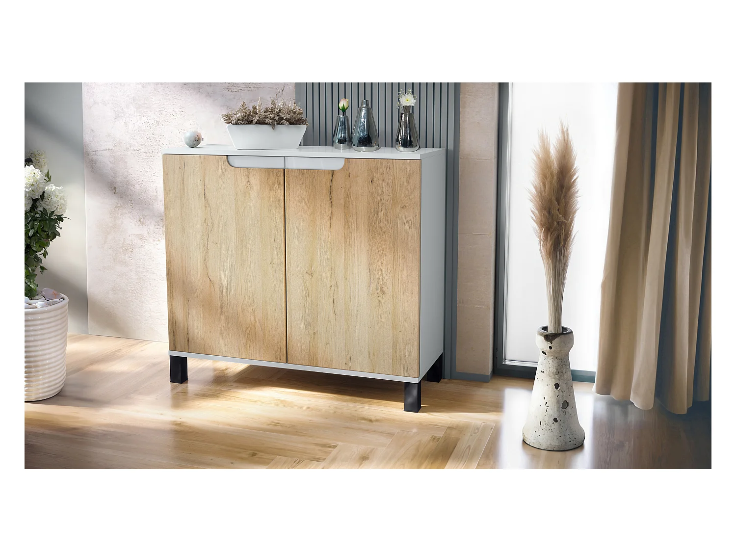 Commode Sylt V3, Buffet de Cuisine Moderne avec 2 Grandes Portes blanc mat / chêne nature (92,5 x 84.5 x 35)