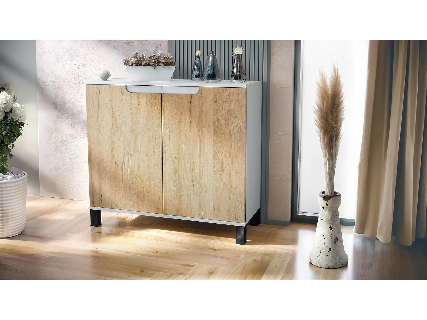 Credenza Sylt V3, Mobile da Cucina Moderno con 2 Grandi Ante bianco opaco / rovere naturale (92,5 x 84.5 x 35)