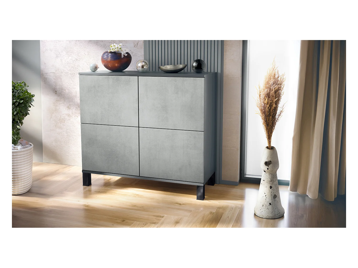 Buffet Rova V3 – Meuble de cuisine moderne avec 4 portes Push-to-Open anthracite mat / aspect béton oxyde (92,5 x 84.5 x 35)