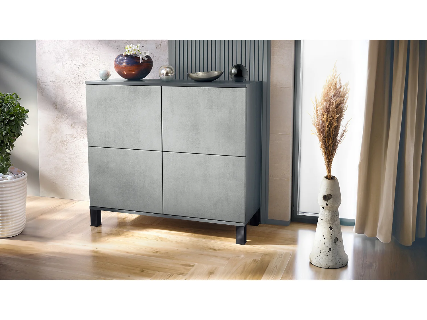 Credenza Rova V3 – Mobile da cucina moderno con 4 ante Push-to-Open antracite opaco  / ottica cermento ossido (92,5 x 84.5 x 35)