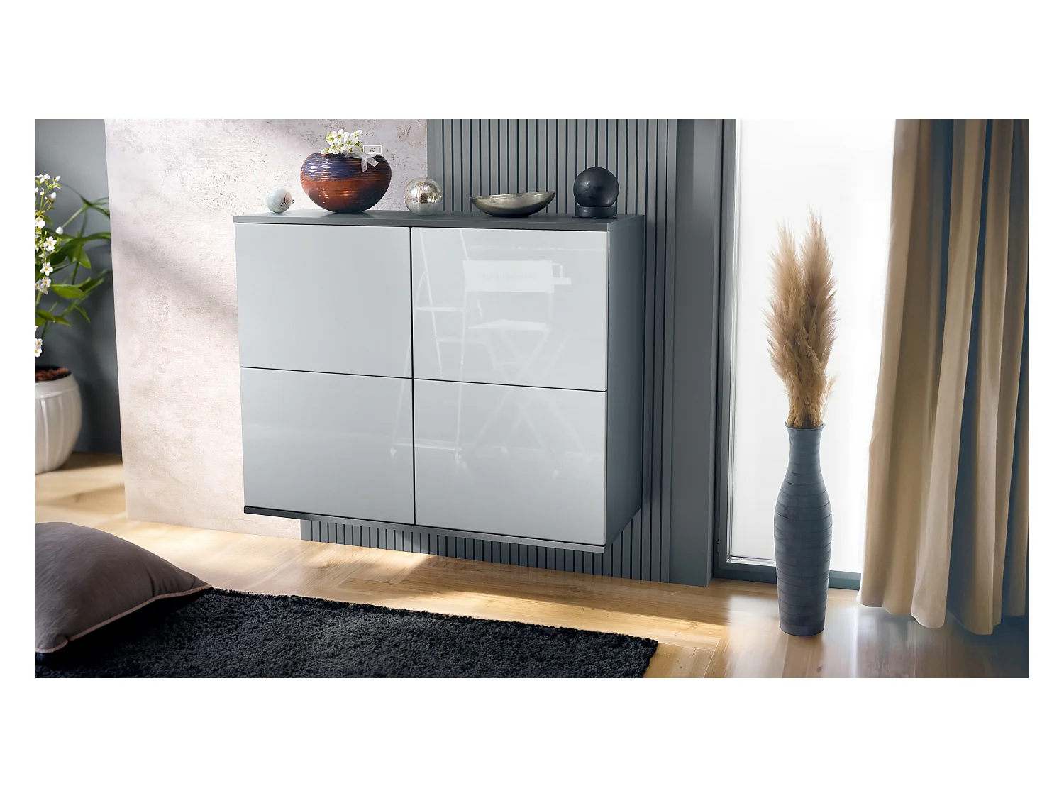 Buffet Rova V3 – Meuble de cuisine moderne avec 4 portes Push-to-Open anthracite mat / blanc haute brillance (92,5 x 73.5 x 35)