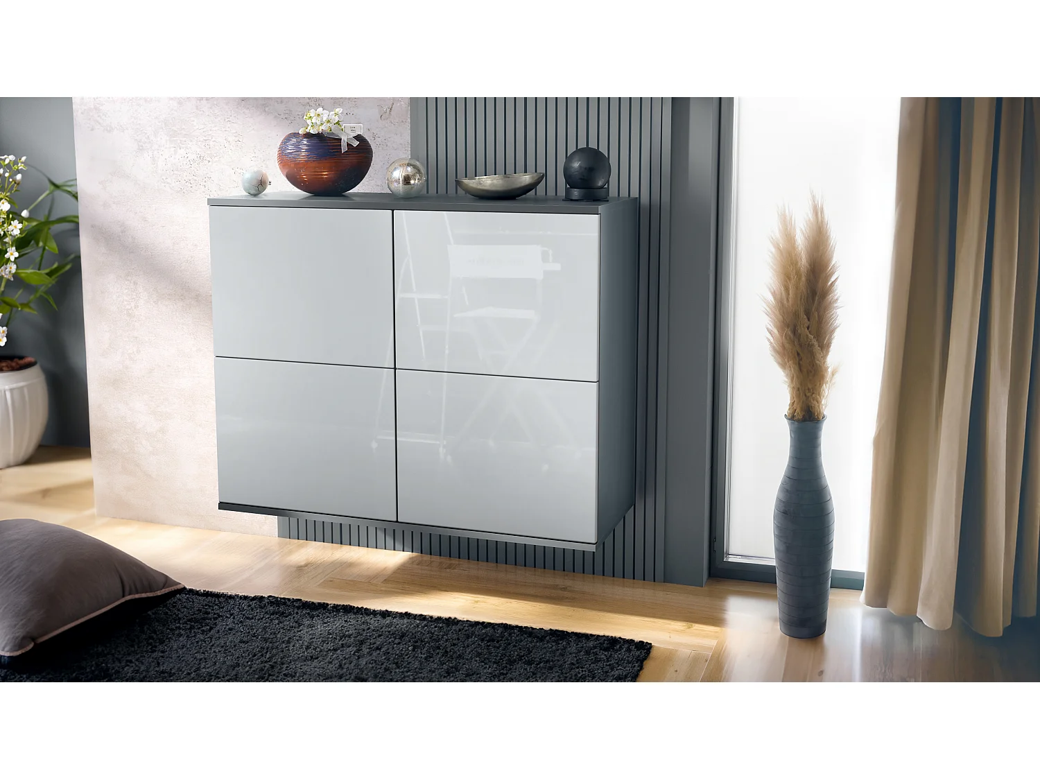Credenza Rova V3 – Mobile da cucina moderno con 4 ante Push-to-Open antracite opaco  / bianco lucido (92,5 x 73.5 x 35)