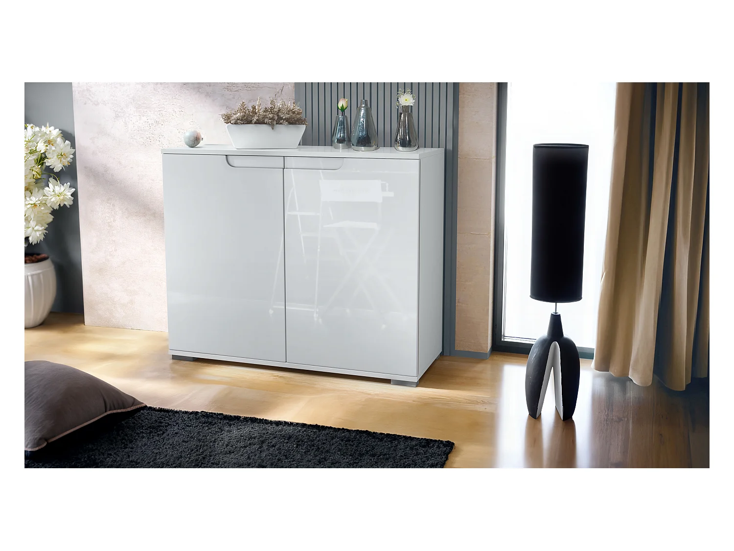 Commode Sylt V3, Buffet de Cuisine Moderne avec 2 Grandes Portes blanc mat / blanc haute brillance (92,5 x 75.5 x 35)