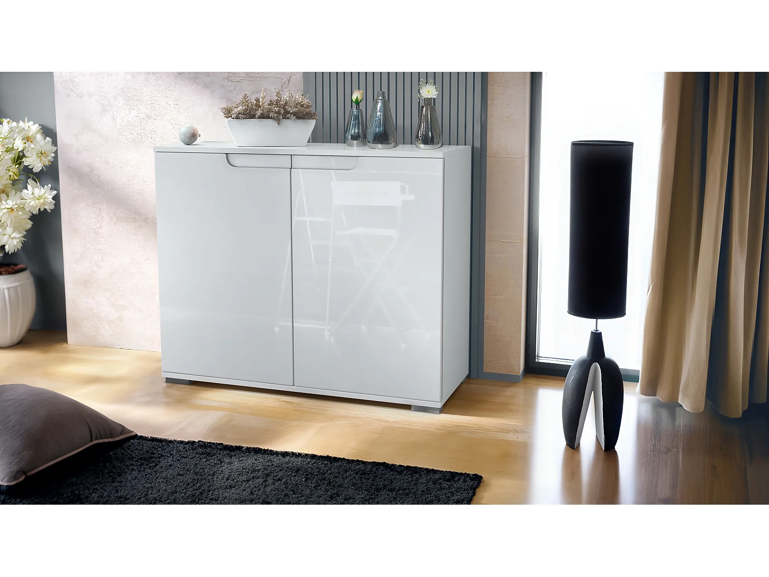 Aparador Sylt V3, Armario de Cocina Moderno con 2 Puertas Grandes blanco mate / blanco de alto brillo (92,5 x 75.5 x 35)