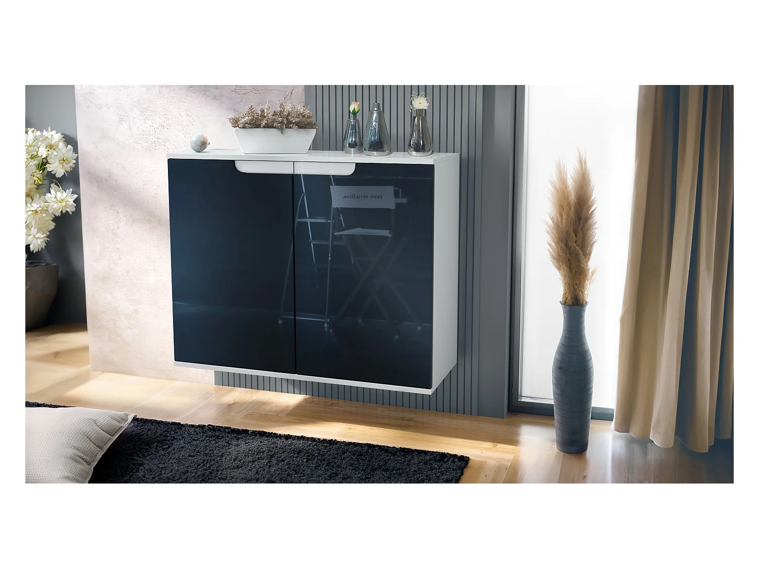 Commode Sylt V3, Buffet de Cuisine Moderne avec 2 Grandes Portes blanc mat / noir haute brillance (92,5 x 73.5 x 35)