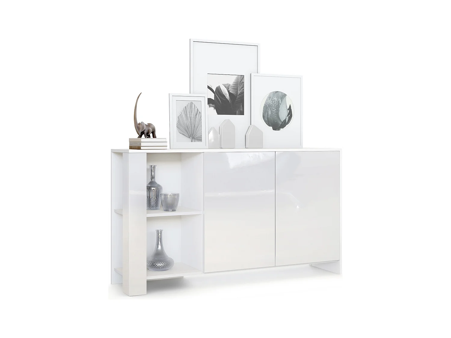 Buffet Canto, long bahut avec 2 portes et 6 compartiments, corps blanc mat, façades blanc brillant, panneaux décoratifs blanc haute brillance (143 x 81 x 36 cm)
