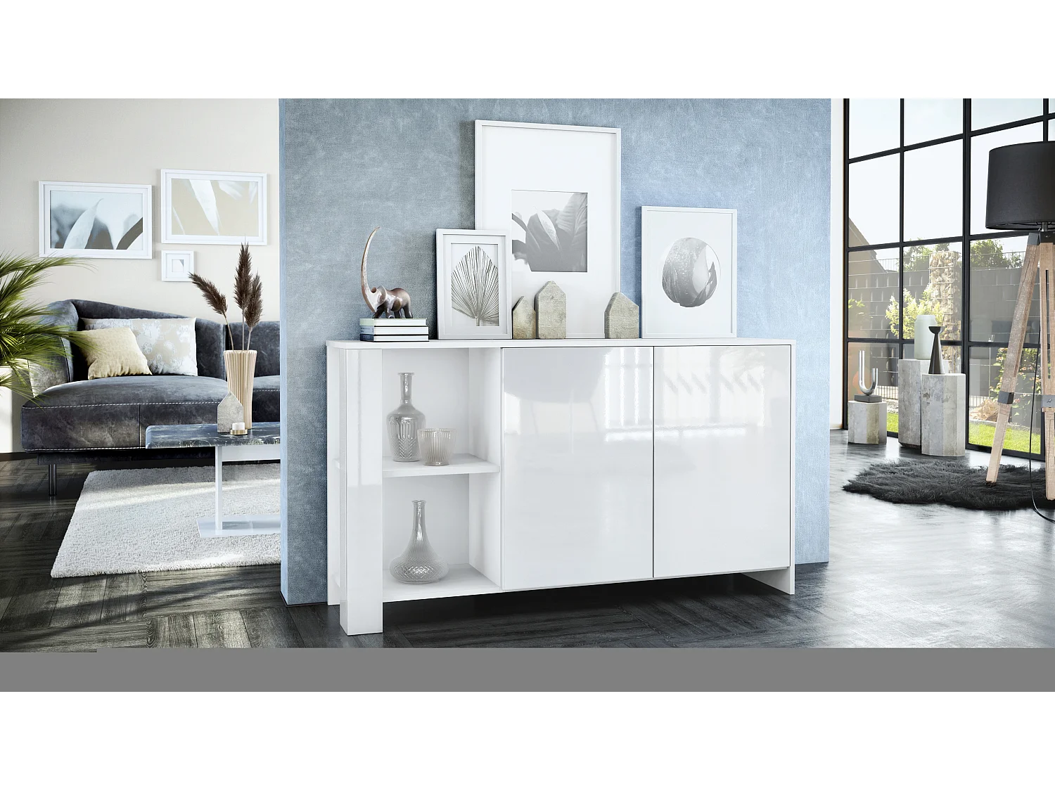 Credenza Canto, credenza lunga a 2 ante e 6 vani, mobile bianco opaco, frontali bianchi lucidi, pannelli decorativi bianco lucido (143 x 81 x 36 cm)