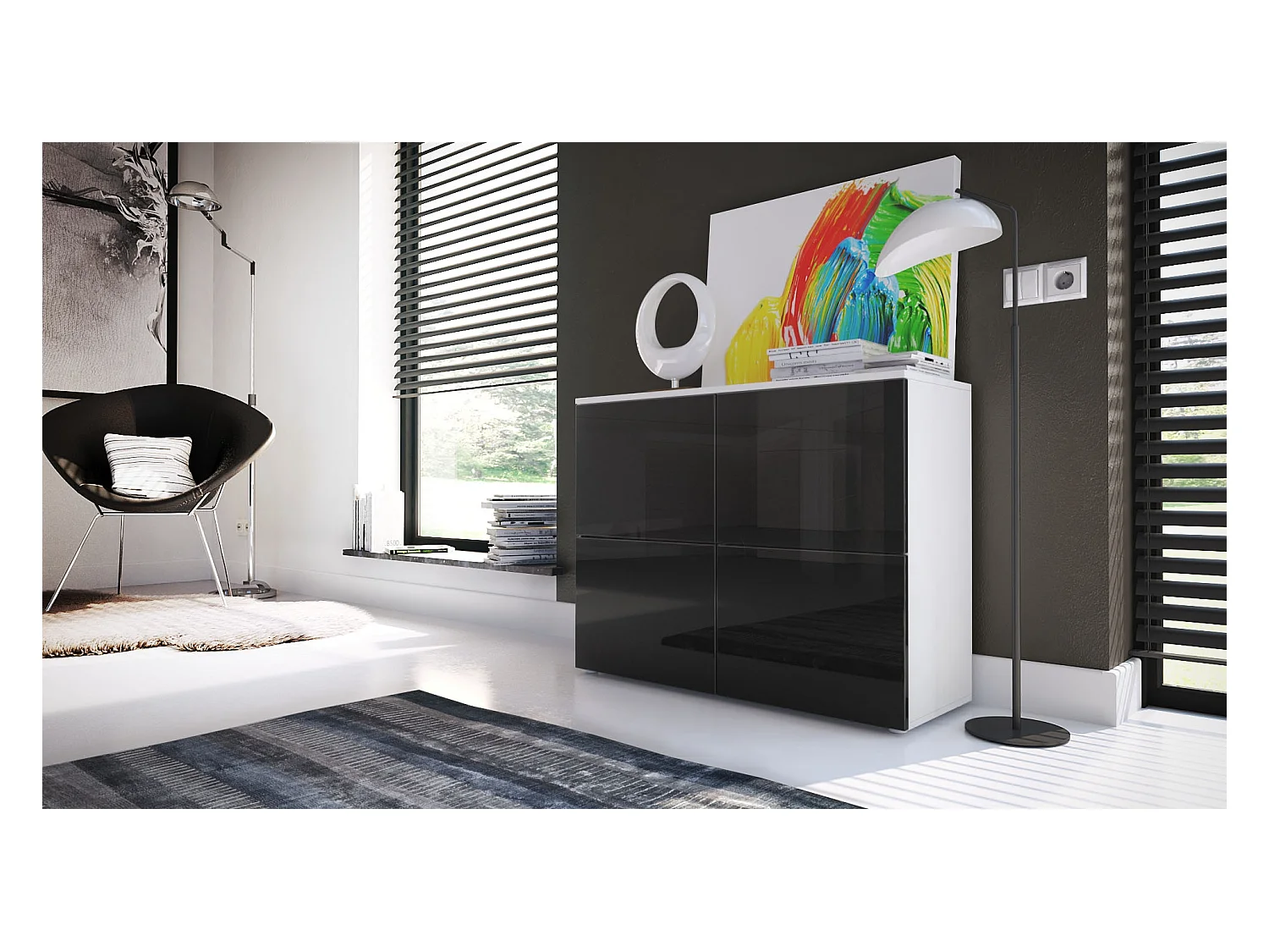 Buffet Rova, Commode avec 4 portes, Blanc mat/Noir haute brillance (92 x 72 x 35 cm)